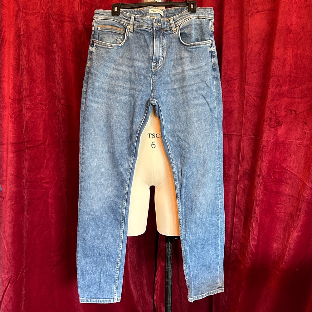 Zara Men’s Light Blue Jeans w/ Leather Detail